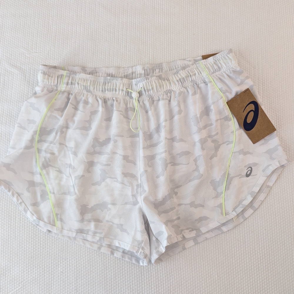 Asics Running Shorts White Camo Swirl Side Slits Elastic Waist Drawstring Size L